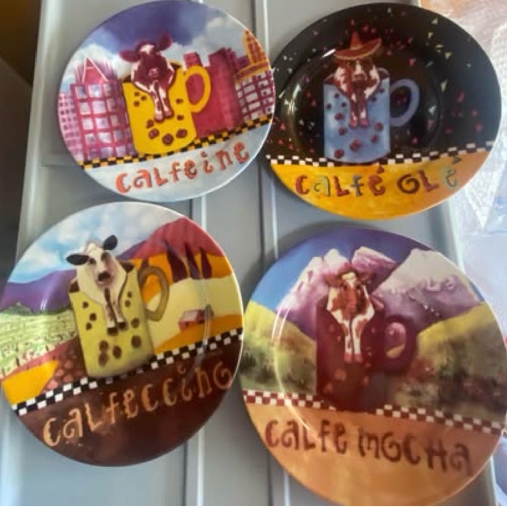 Sharon Neuhaus designs Colorful Cow Coffee Mugs, Dessert Plates, & Canister